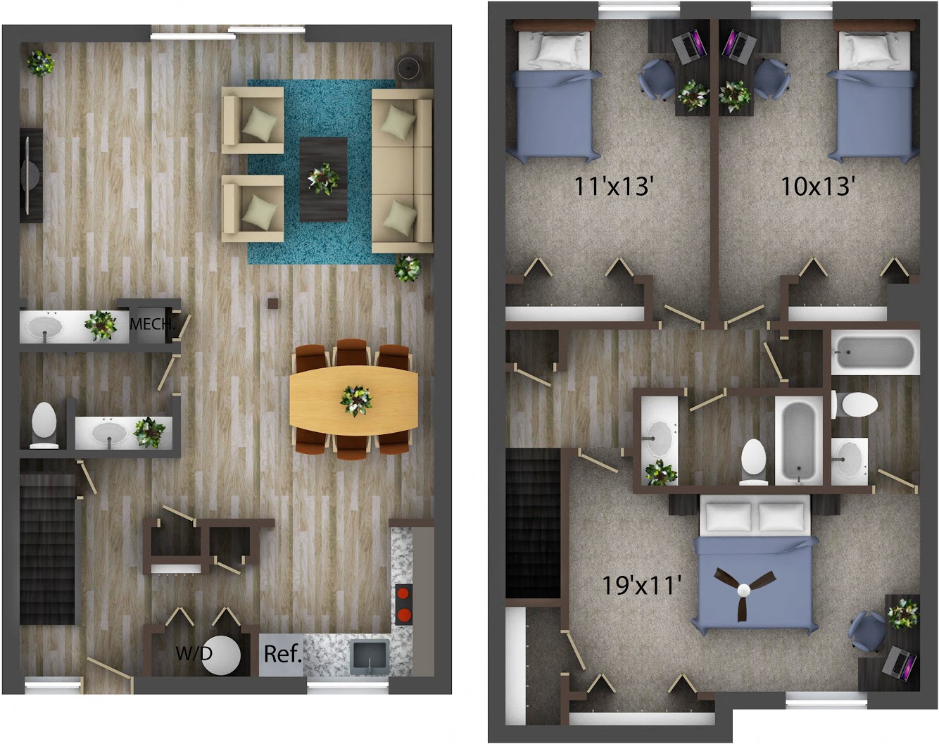 Floor plan for 3 beds, 2.5 baths, 1702 sqft